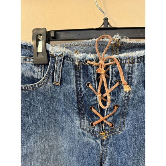 Vintage Y2K Exhilaration Frayed Waist Lace Up Flare Jeans 5 - Picture 2 of 5